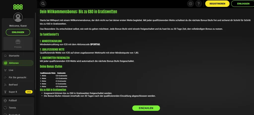 Willkommensangebot von 888sport mit Bedingungen und mehreren Gratiswettenstufen