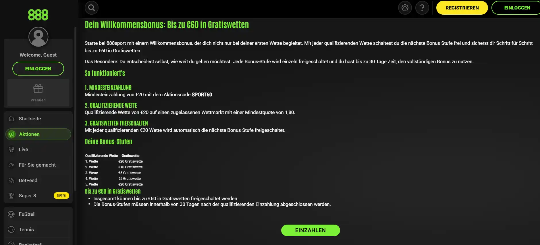 Willkommensangebot von 888sport mit Bedingungen und mehreren Gratiswettenstufen