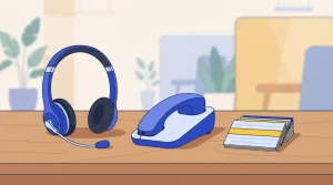 Kopfhörer mit Mikrofon neben einem Telefon auf einem Schreibtisch