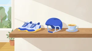Sportschuhe Fahrradhelm und eine Tasse auf einem Regal aus Holz