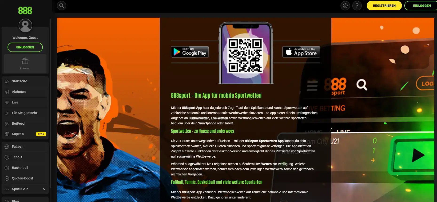 Bereich zu den Sportwetten-Apps auf der deutschen Website von 888sport