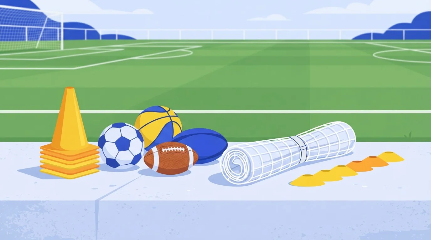 Trainingskegel, Netze und verschiedene Sportbälle neben einer Spielfeldlinie
